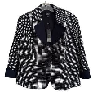 Talbots Grace Fit Navy Polka Dot Textured Knit Blazer Contrast Lapel NWT  14WP